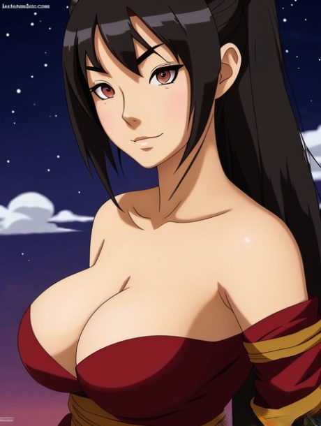 Brunette anime chick Ty Lee flaunts her big tits and poses naked outdoors