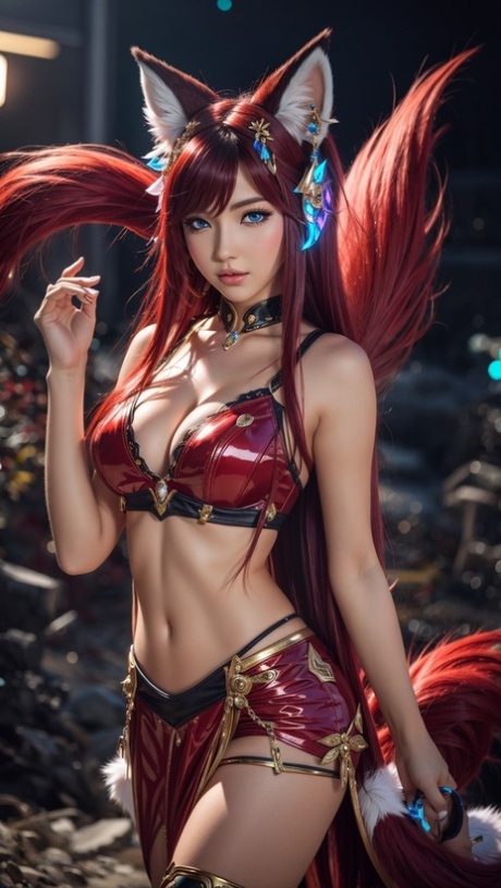 AI generated Hentai girl Ahri posing in her sexy costumes in a solo